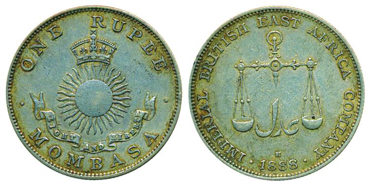 Mombasa, Silver, Rupee, 11.64g, 1888 H. About Extremely Fine+, Scarce.