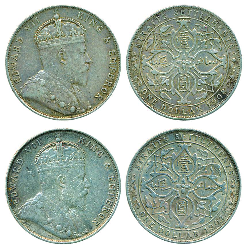 Straits Settlements, Edward VII, Silver (2), 1 Dollar, 1907 and 1908, portrait on obv, shi