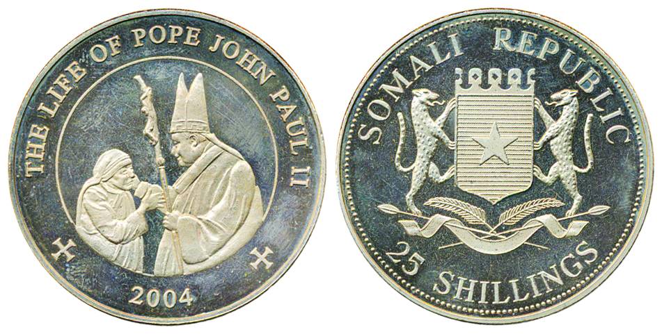 Somali Republic, 25 Shillings, cupronickel,Mother Teresa 2004, Issued under Pope John Paul