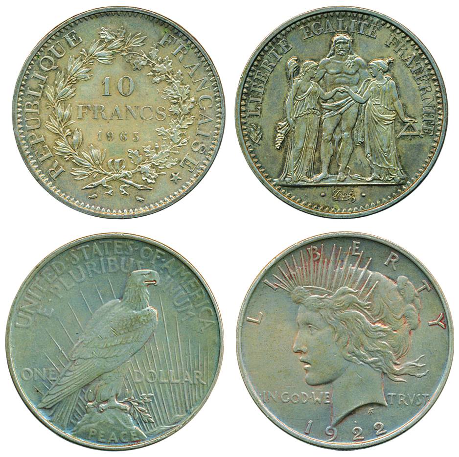 USA, Silver, 1 Dollar, 1922; France, 10 Francs, 1965. Very Fine+ to About UNC, Scarce. 2 c