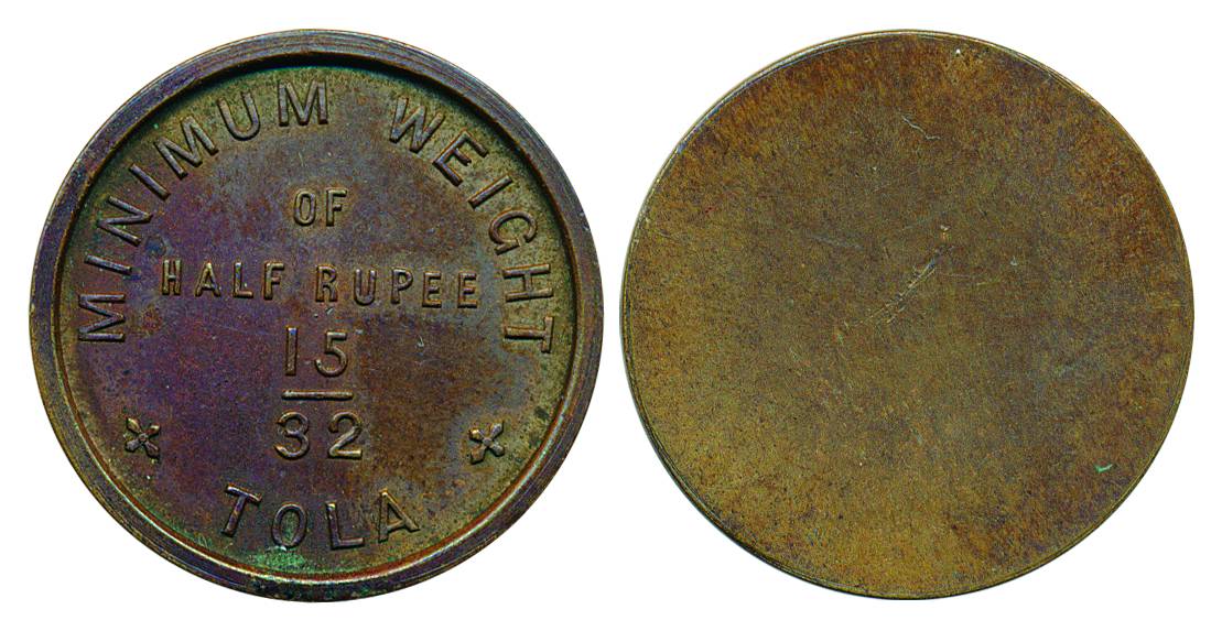 Copper, Weight, C. 1870, Minimum weight of Half Rupee 15/32 Tola. Extremely Fine, Rare.