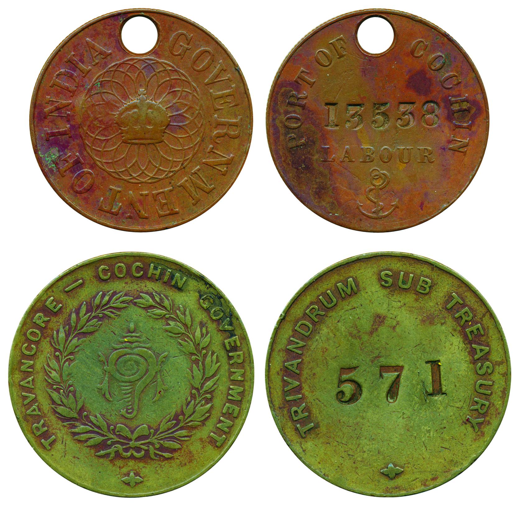 Tokens (2), Copper, Port of Cochin Token of a Labour, pre-1947 era, serial number incused;