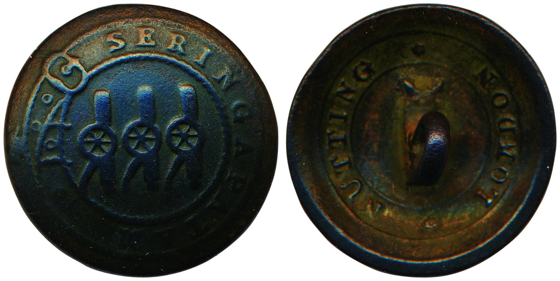 Coat Button, Brass, SERINGPATAM and three canons on obv, London Nutting around central hol