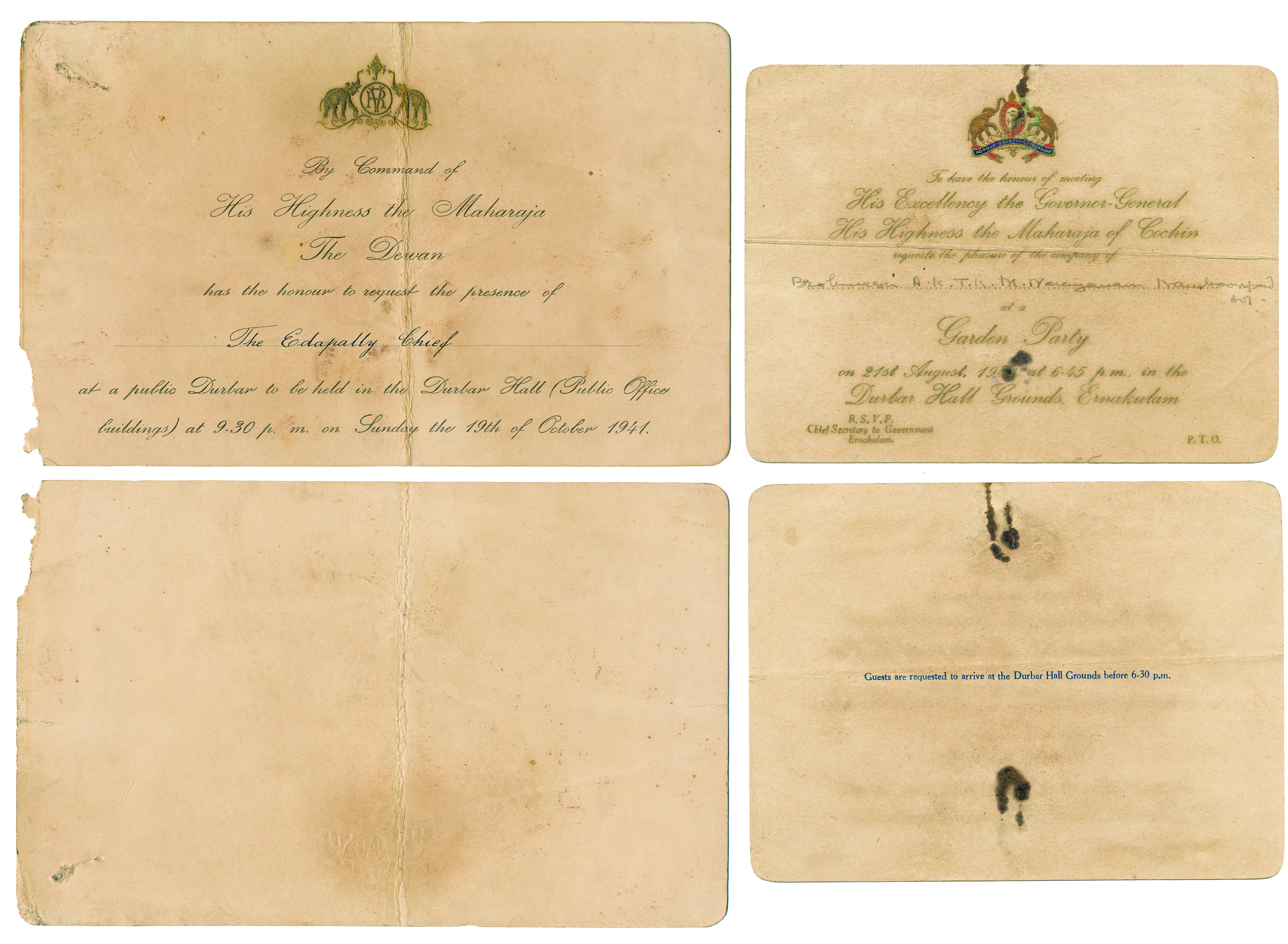 Royal Invitation Card (2), Travancore and Cochin state,Respectively with state monogram ma