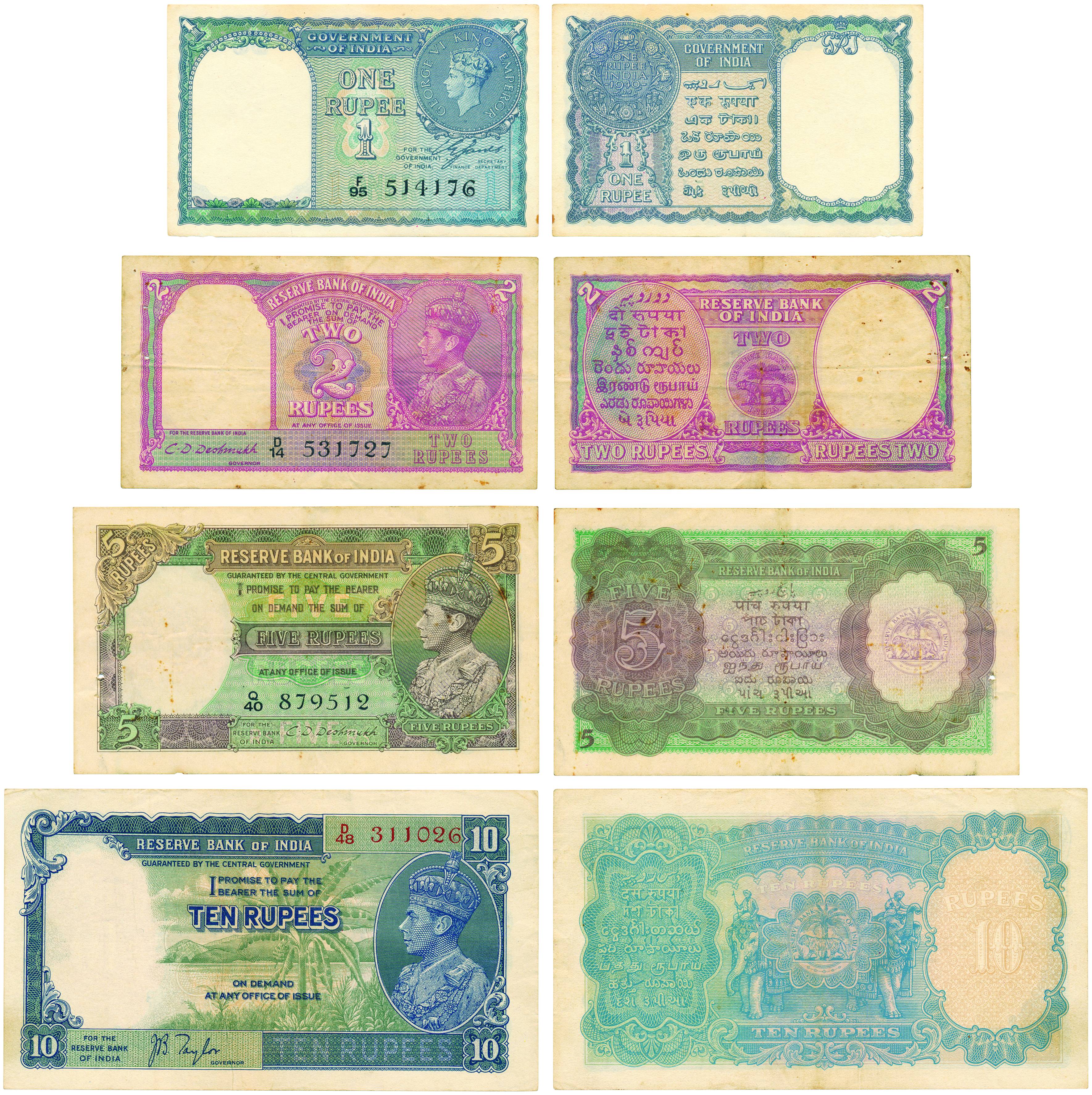George VI, 10 Rupees, J B Taylor; 5 Rupees, C D Deshmukh; 2 Rupees, C D Deshmukh; and 1 Ru
