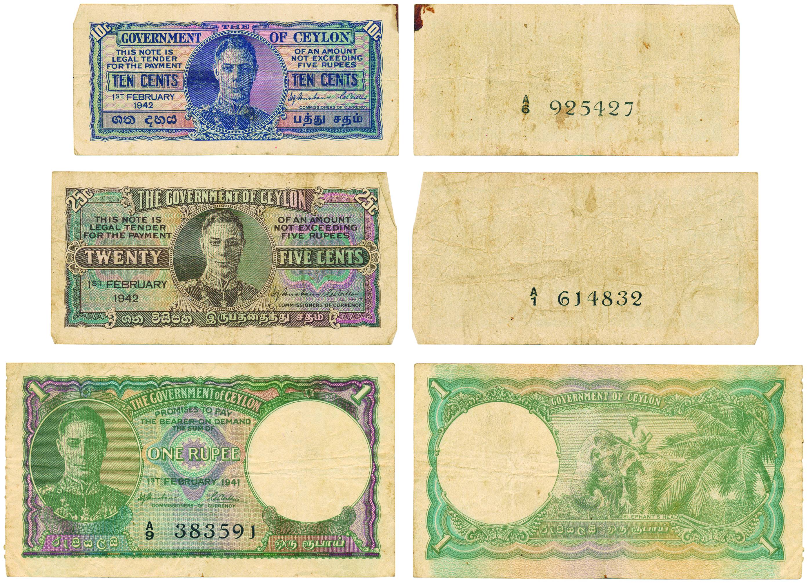 Ceylon, George VI, 1 Rupee, 25 Cents and 10 Cents, 1941, 1942 and 1942 issues. Very Fine+,