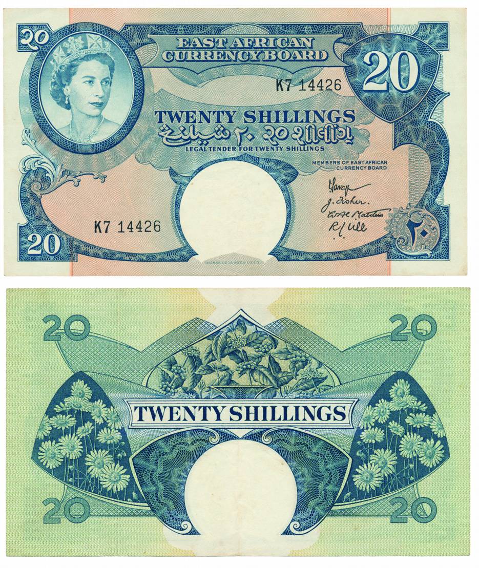 East Africa, 20 shillings, portrait of Elizabeth II, Issued by East African currency Board