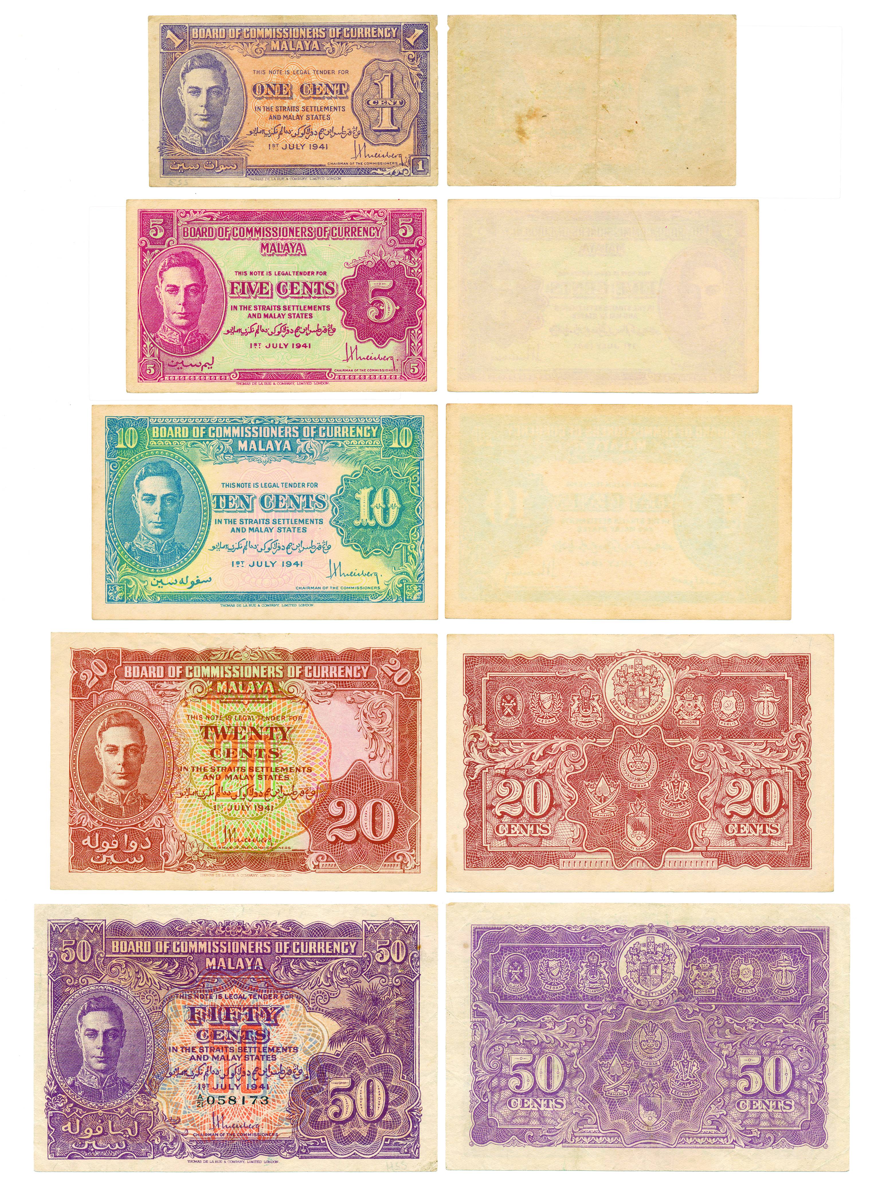 Malaya Board of Commissioners of currency 1, 5,10,20 &amp; 50cents, Issued on 1st July 194