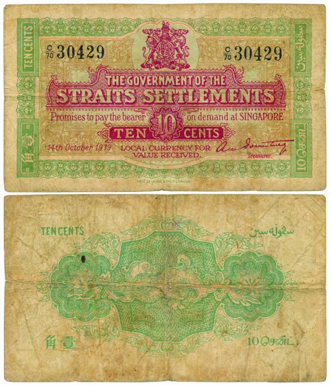 Straits Settlements, 10 Cents, with the Promise to pay the bearer on demand at SINGAPORE, 