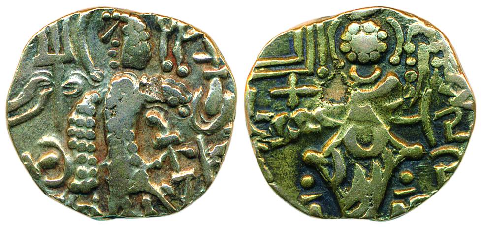 Kidar Kushanas, base Gold, Dinar, king to left on obv with Brahmi Kidar underneath the elb