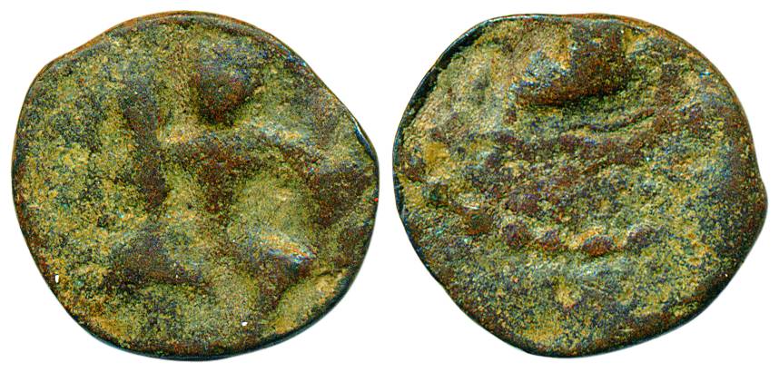 Post-Guptas, 6th century AD, Lead, 2.19 g, a king seated with a leg hanging and holding a 