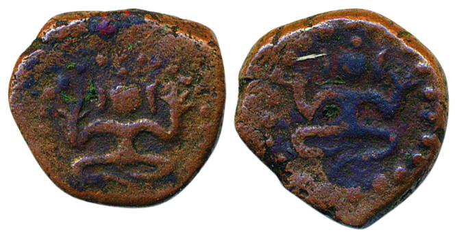 Early-Kalachuri period, Copper, 1.98 g, uninscribed, a deity seated cross-legged with both