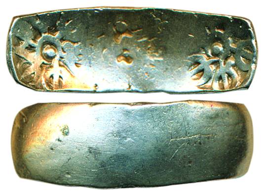 Punch-marked Coinage, Gandhara Janapada (c. 400 BC), Silver, bent bar Shatamana, six armed