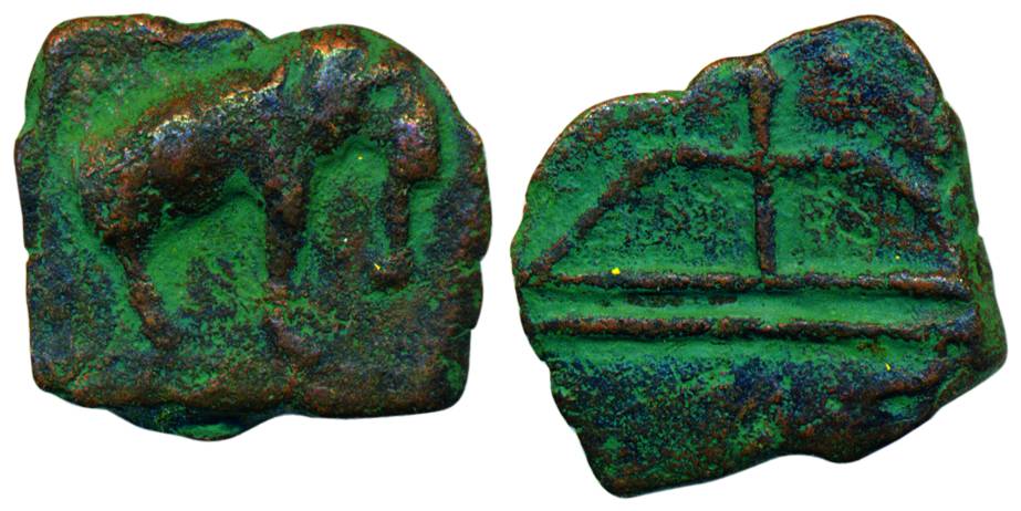 Cheras, Copper, elephant walking to left on obv, a bow and an arrow on rev, anonymous, ND.