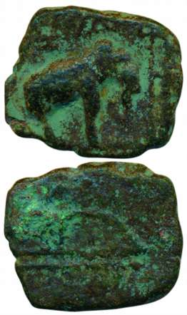 Cheras, Copper, elephant walking to right, facing a number of symbols on obv, a bow and an