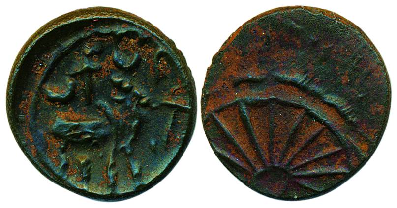 Pallavas, Copper, 2.6 g, a bull standing to right with Brahmi letters above on rev, a whee
