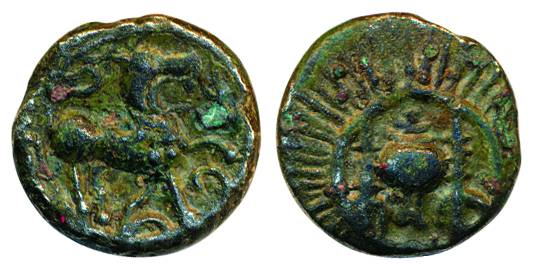 Vishnukundins, Copper, 7.88 g, an ornate conch-shell on obv, a lion standing to right on r