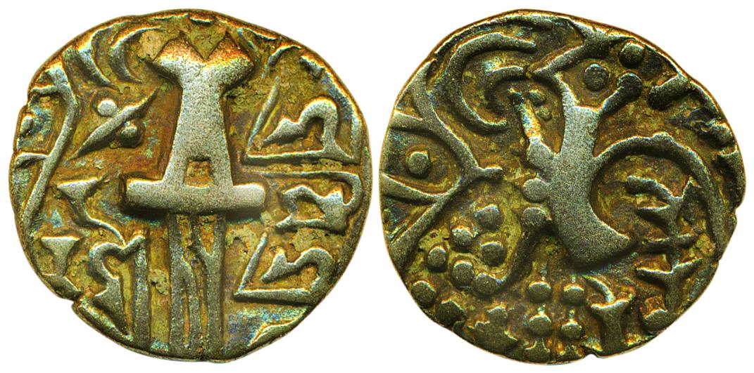 Karkotakas of Kashmir, Sri Vigraha, Base Gold, seated goddess; a standing king with Kidara