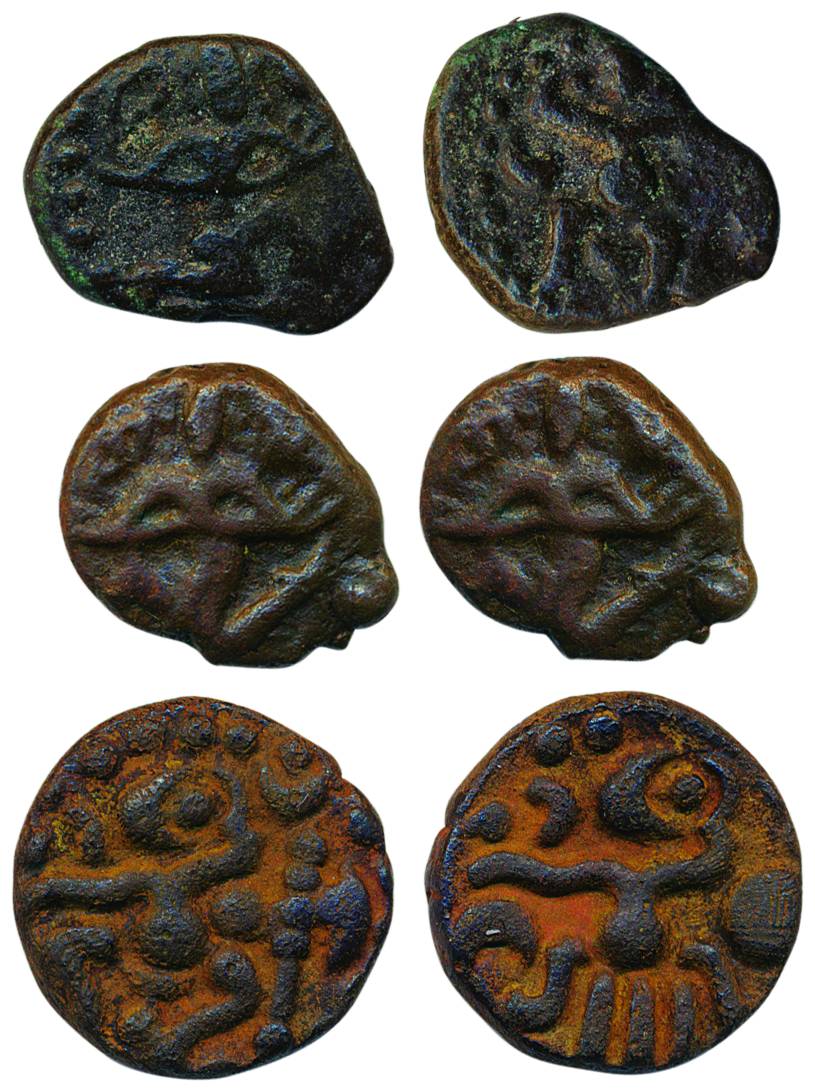 Venad Chera, Copper (3), obv standing figure with sun and moon probably Chandraditya Kula,