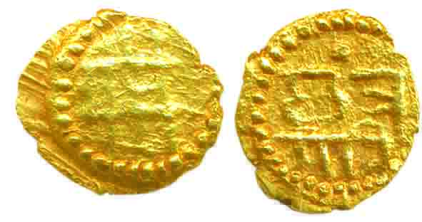 Chattrapati Raja Shivaji, Gold Fanam 0.14g, in Nagari legend Sri Raja Shiva in dotted circ