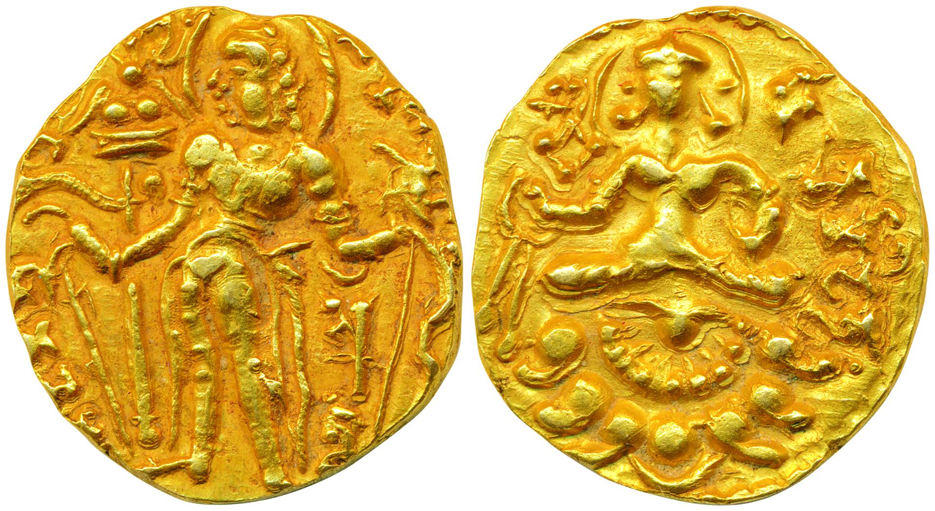 Skandgupta, Gold Dinar, 9.16g, Archer Type, Variety B, Obv: King with halo standing to lef
