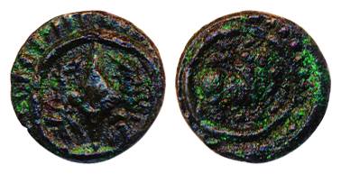 Vishnukundin, Copper, 2.22g, Obv: bull to right in dotted circle, Rev: Sankha in dotted ci