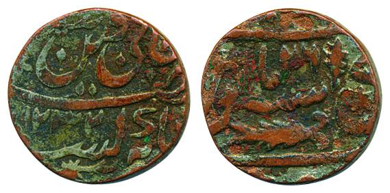 Lucknow Mint, Copper Falus, 9.83g, in the name of shah Alam II, mint name Muhammabad Banar