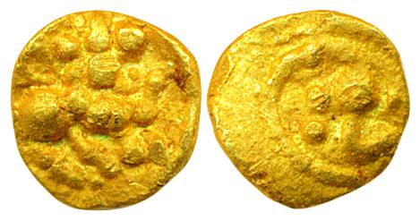 Kadambas, Gold ¼ Fanam, 0.13g, Obv: a lion with upraised leg to right, Rev: a scroll. Abou