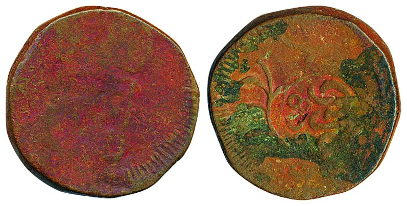 Goa, Copper ½ Tanga, 33.64g, Counter-marked coinage, PR 1809 series (KM# 25.1). Uncleaned,