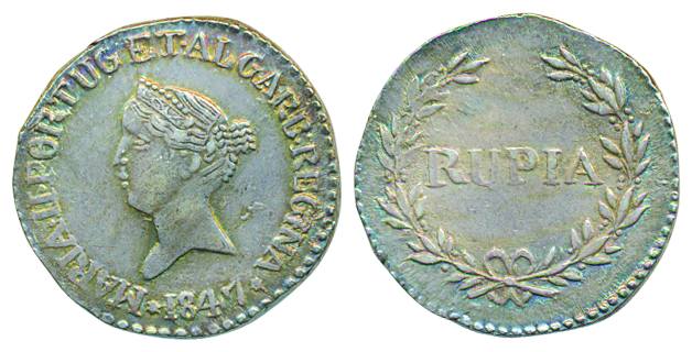 Maria II, Silver Rupia, 1847, portrait of queen facing left legend around with in dotted c