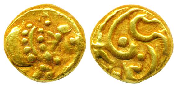Gangas of South Karnataka, Gold Elephant Fanam, 0.39g, Obv: elephant to right, Rev: a scro