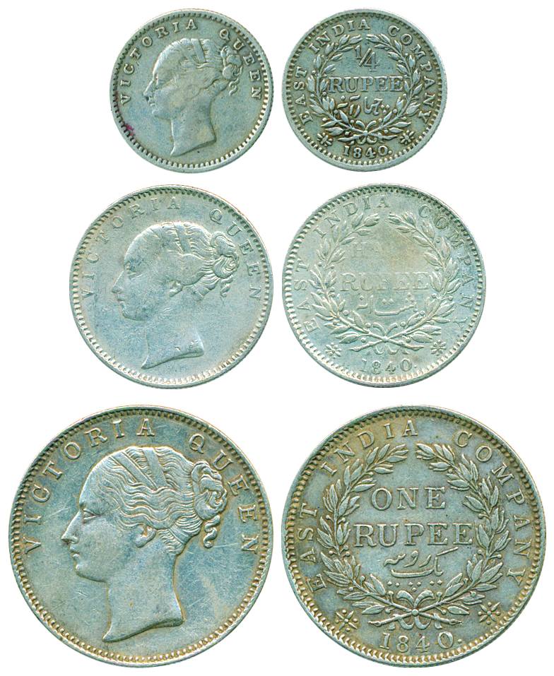 Victoria Queen, Silver (3) 1, ½ & ¼ Rupee, 1840, 19 berries. Fine to very fine. 3 coins.