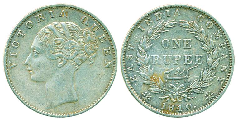 Victoria Queen, Silver Rupee, 1840, continuous legend, 35 berries. Very fine+.