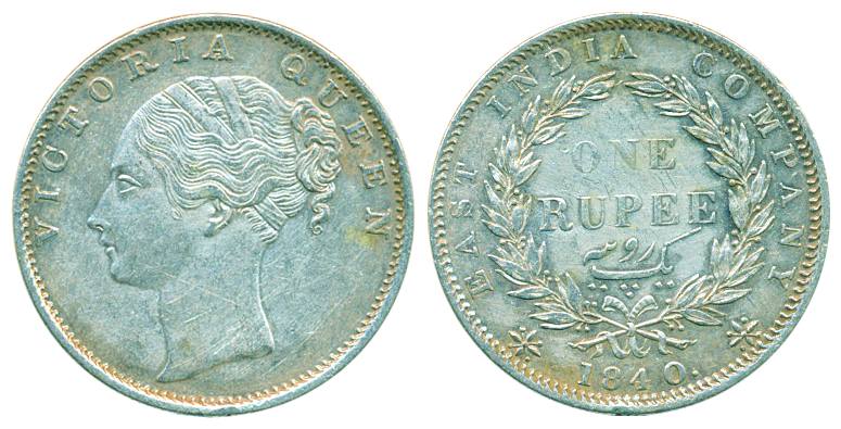 Victoria Queen, Silver Rupee, 1840, ‘I’ incuse, 34 berries. Very fine, rare.