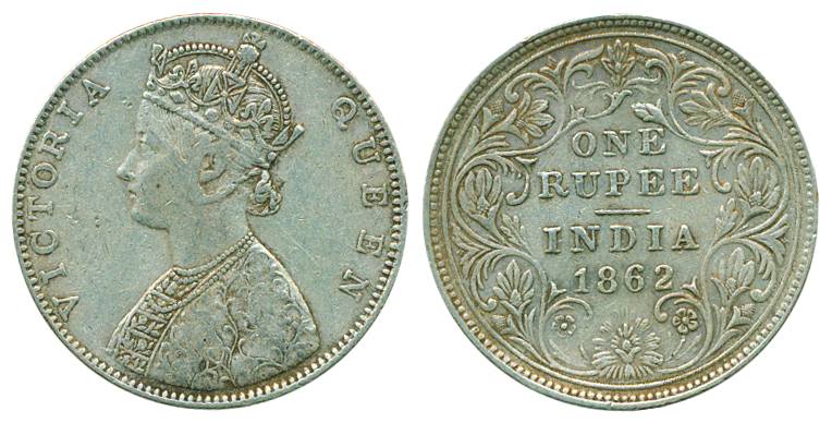Victoria Queen, Silver Rupee, 1862, 5 pannal dress. Very fine, scarce.
