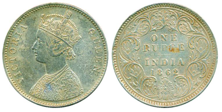 Victoria Queen, Silver Rupee, 1862, Bust A/I/0/4 dots. Very fine+, rare.