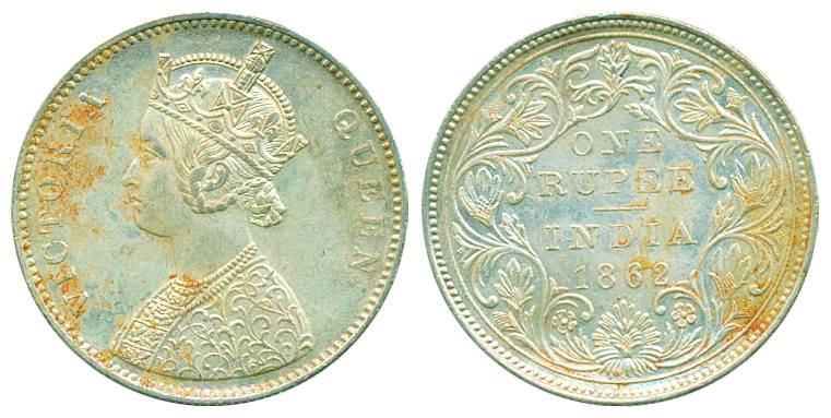 Victoria Queen, Silver Rupee, 1862, Bust A/II/0/12 dots. Extremely fine, rare.