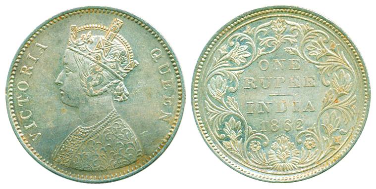 Victoria Queen, Silver Rupee, 1862, Bust A/II/0/12 dots. Tiny test mark on edge, Very fine