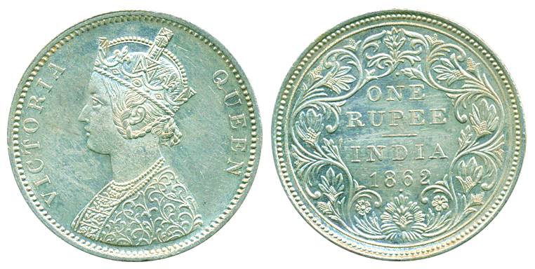 Victoria Queen, Silver Rupee, 1862, Bust A/II/1/1 dots. Minor scratch marks on rev. otherw