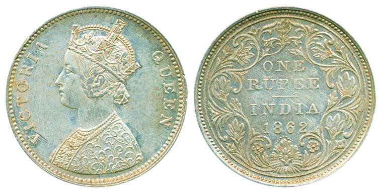 Victoria Queen, Silver Rupee, 1862, Bust A/II/0/10 dots. About extremely fine.