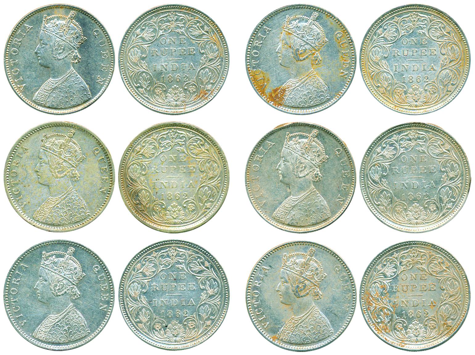 Victoria Queen, Silver Rupee (6), 1862, B/II/2/0, A/II/0/7, A/II/0/6, A/II/0/5, B/II/0/3 &