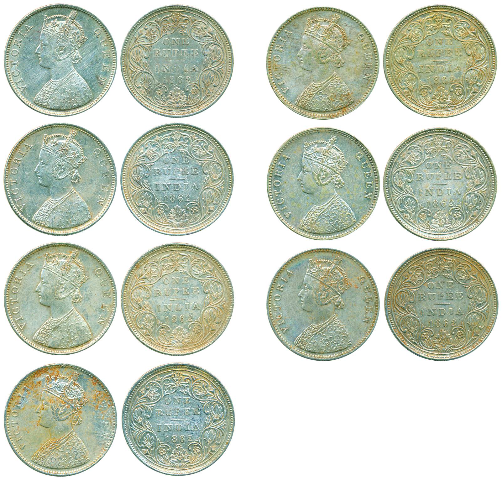 Victoria Queen, Silver Rupee (7), 1862, Bust B/II/1/0, B/II/2/0, B/II/0/3, A/II/0/4, A/II/