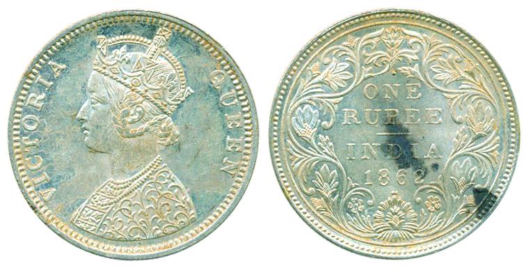 Victoria Queen, Silver Rupee, 1862, Bust C/II/1/2 dots. Tonned, about uncirculated.