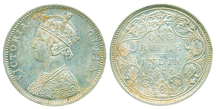 Victoria Queen, Silver Rupee, 1874, Bust A/II no dots. About uncirculated, scarce.
