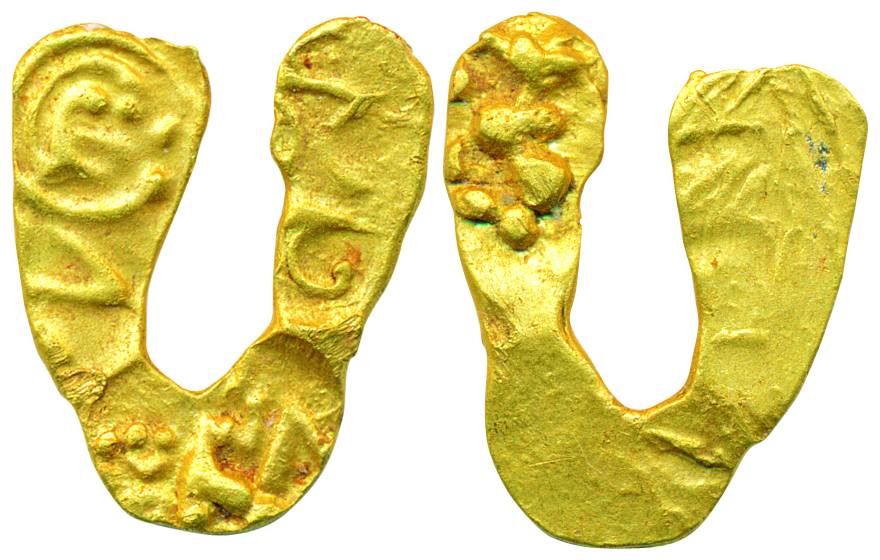 Shilaharas of Karad (AD 1050-1212), Gold U-shaped Fanam, 0.49g, Obv: Three punches with Ga