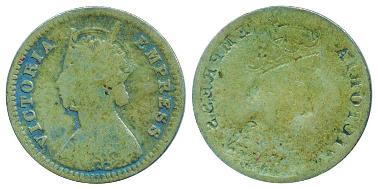 Victoria Empress, Silver 2 Annas, Brockage of obverse image, shallow Impression at Portrai