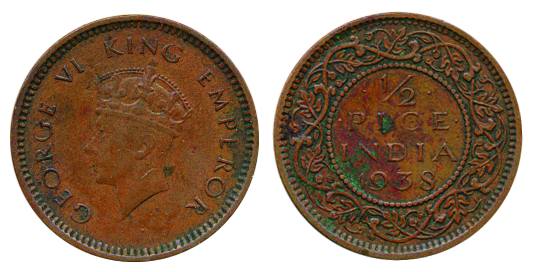 George VI, Copper ½ Pice, 1938, Calcutta Mint. Very fine+ and very rare to get in this con