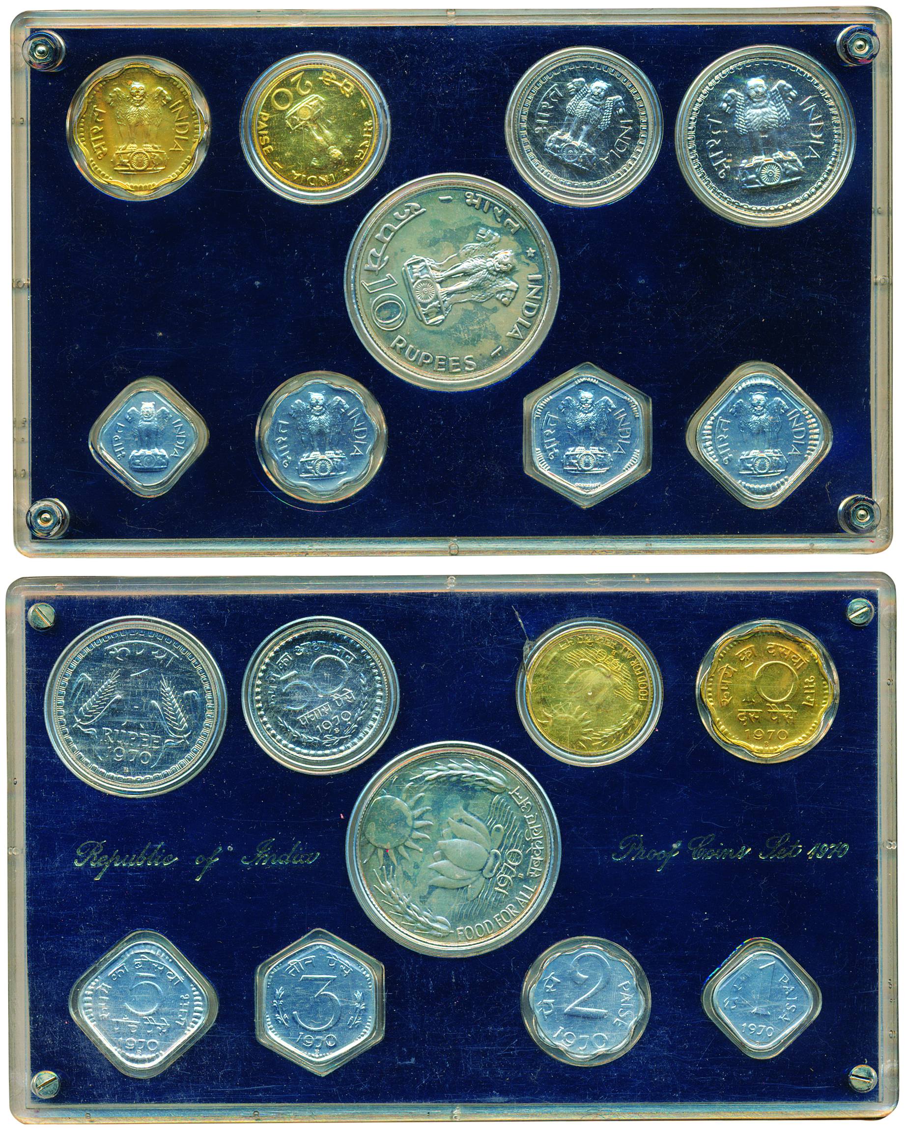 1970 Proof set, 9 coins set, Food for all, Bombay Mint (RB# 23). In original packing, Scar