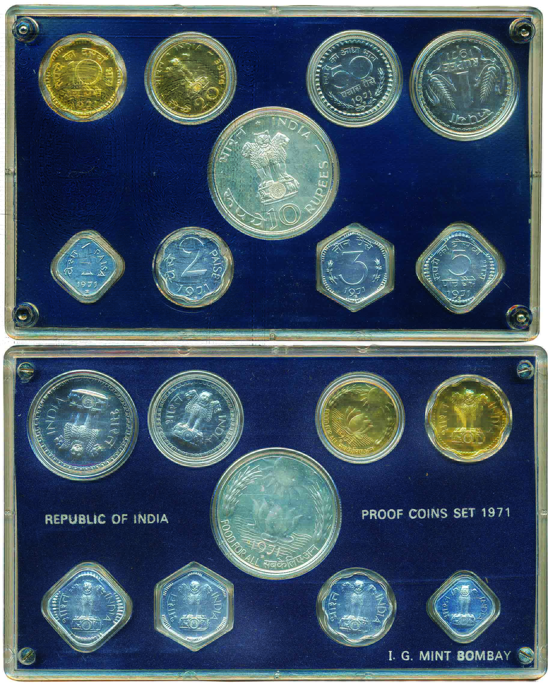 1971 Proof set, 9 coins set, Food for all, Bombay Mint (RB# 27). In original packing, Scar