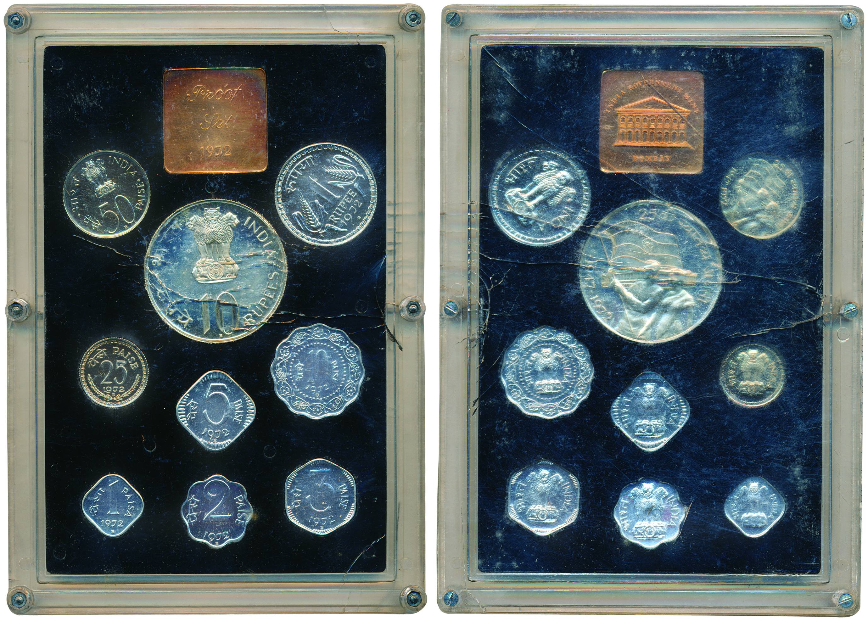 1972 Proof set, 9 coins Set, 25th Anniversary of Independence, Bombay Mint, (RB# 31). With